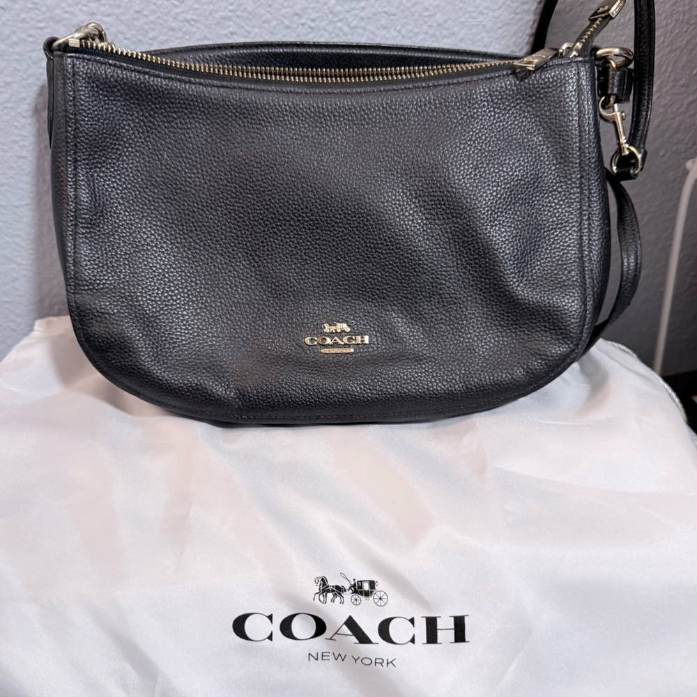 Coach Black Pebbled Leather Shoulder Bag with Gold Logo